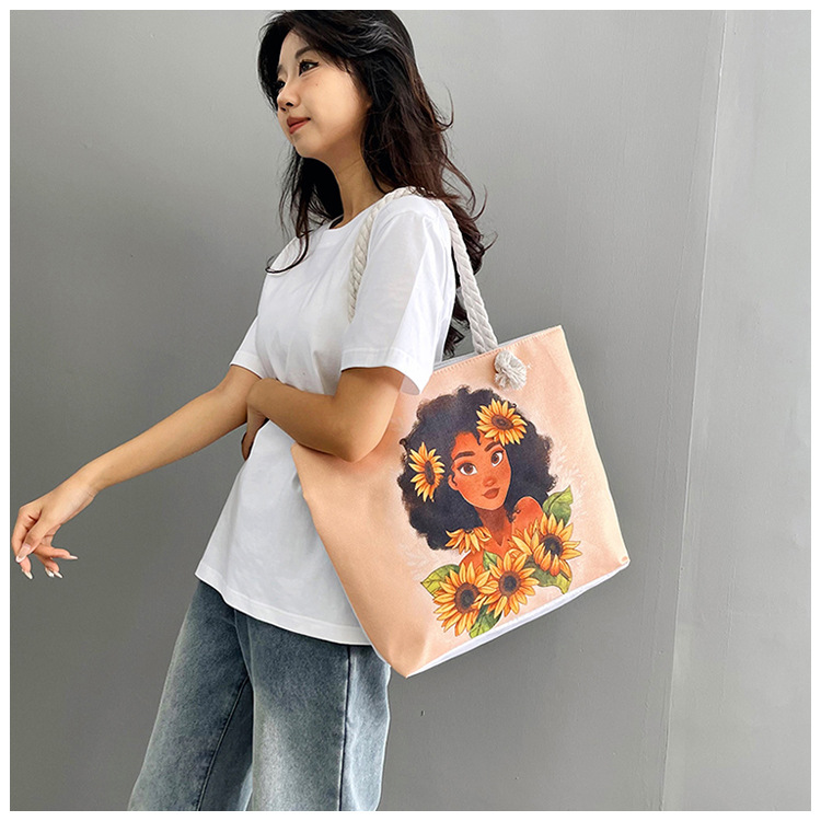 New cross-border tote bag, versatile women's portable shopping bag, creative women's printed aesthetic thick rope beach bag undefined