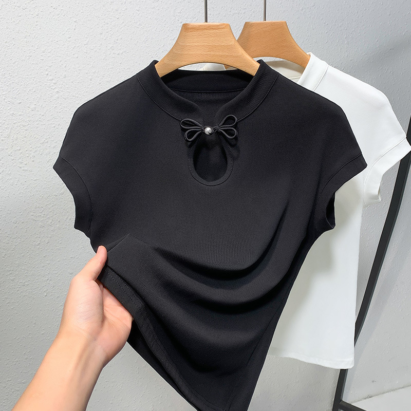 Camiseta de manga corta de cuello vertical para mujeres verano 2025 nueva camiseta de algodón de manga de color sólido de estilo chino nueva camiseta de hebilla de estilo chino