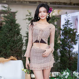 大码泳衣女2026新款蕾丝长袖开衫系绳荷叶边比基尼四件套bikini女
