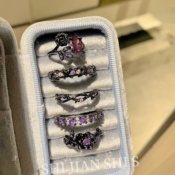 Simple Cross Kaleidoscope Purple Diamond Rose Open Ring Women's Fashion All-match Punk Elegant High-grade Finger Ring