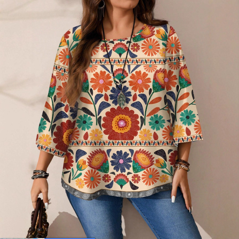 Amazon Cross-Border European and American Printed Loose Women's Tops New Fashion Three-Quarter Sleeve Plant Flower Sweater Round Neck Amazon Cross-Border European and American Printed Loose Women's Tops New Fashion Three-Quarter Sleeve Plant Flower Sweater Round Neck