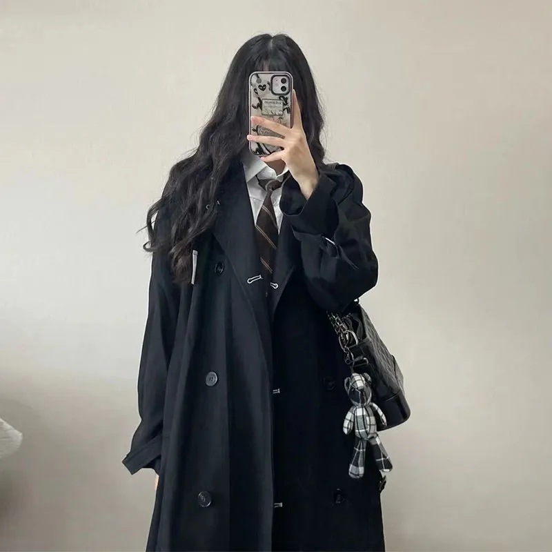 Black Trench Coat for Women 2025 Autumn New Korean Style Student Trendy Mid-Length Coat Fashionable Petite