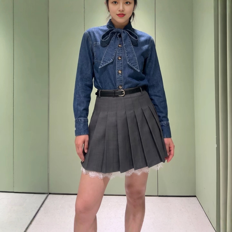 SW Liu Shishi's same style 26 early autumn new denim shirt with bow collar, women's blue short jacket