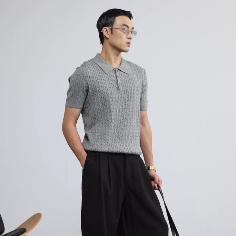 Focusstorm Old Money Style Polo Shirt, Collarless Short-Sleeve T-Shirt, Men's Knitwear, Cross-Border Men's Clothing Top