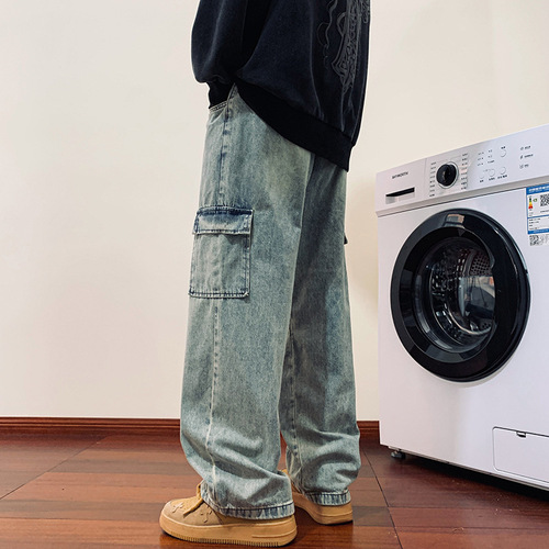 Vintage Yellow Clay Dye Drawstring Workwear Jeans for Men - Design-Focused, Elastic Waist, Loose Fit, Straight Leg, Casual Pants