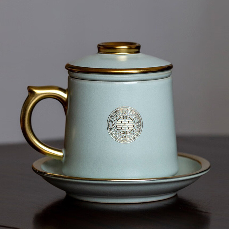 Ruyao Gold-Painted Office Cup Ceramic Tea Cup with Saucer, Ruyao Porcelain, Can Be Used for Tea Brewing, Gift Item, Chinese-Style Tea Cup