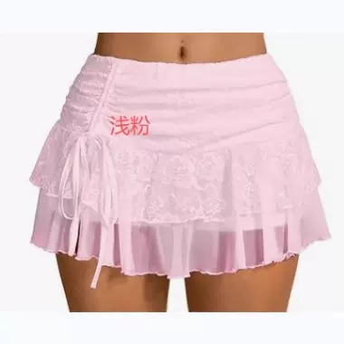 女式超低腰蝴蝶结蕾丝网眼双层褶皱迷你裙亚马逊跨境半身裙