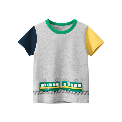 27kids Children's Summer New 2025 Model Kids Short Sleeve T-shirt Korean Style Boy's Clothing Train Pattern Half Sleeve