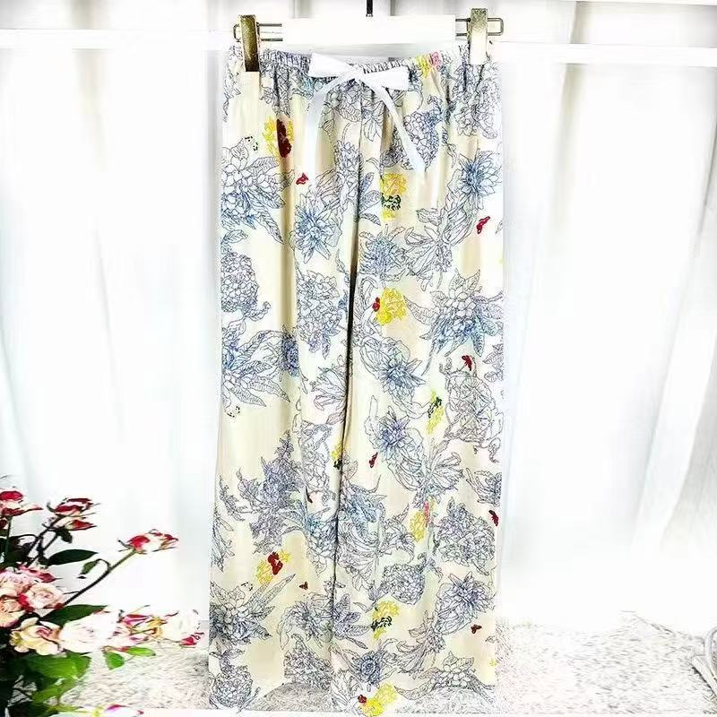 Pijama de seda de algodón para mujer, pantalones anchos de mujer embarazada de seda de algodón con estampado fino de verano