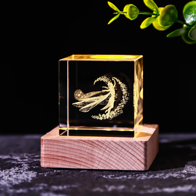 Cubo de cristal decoración interruptor de luz cálida base de madera talla interior Luna Sistema Solar Galaxy decoración de escritorio regalo de niña