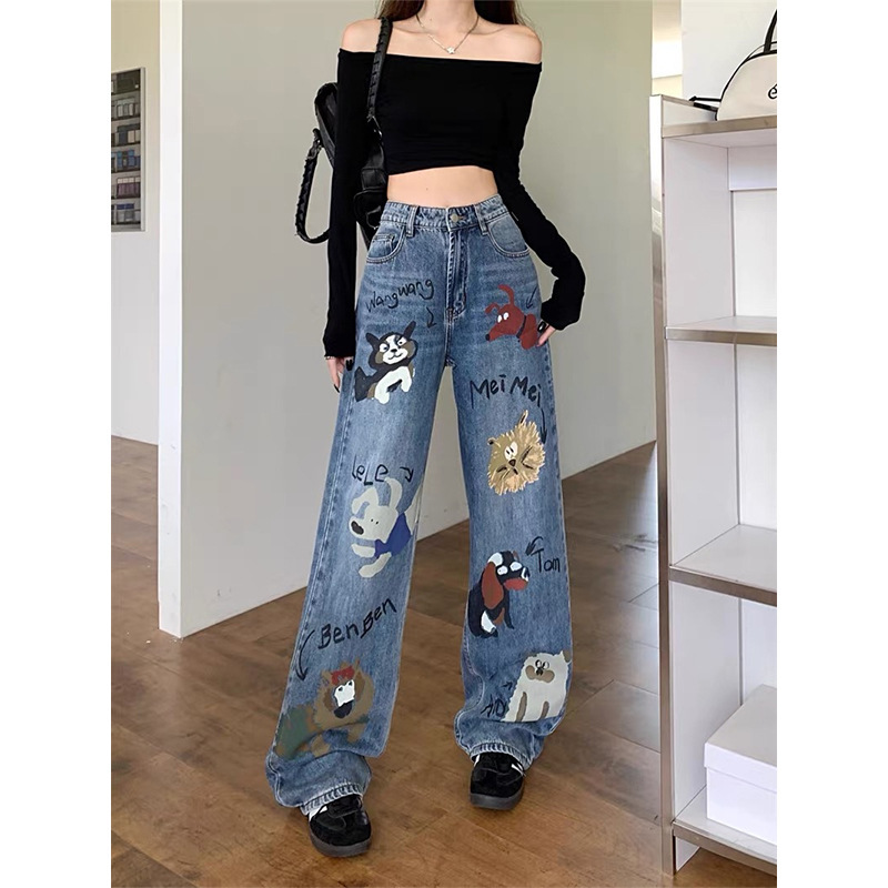 2024 spring new American style graffiti printed jeans women's design high waist loose straight wide leg pants