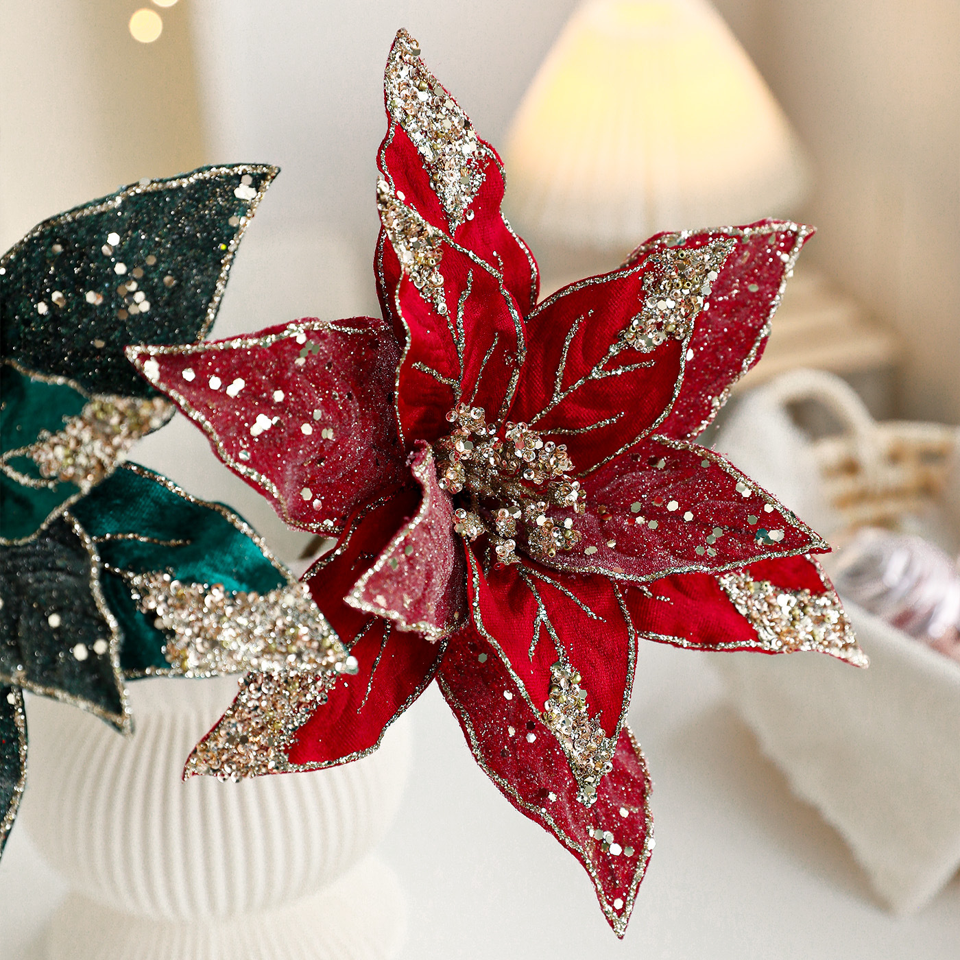 Nuevo producto 27CM tela de lana de alta calidad flores de Navidad flores de polvo de oro flores de polvo de flores de Navidad coronas de caña decoración floral image 2