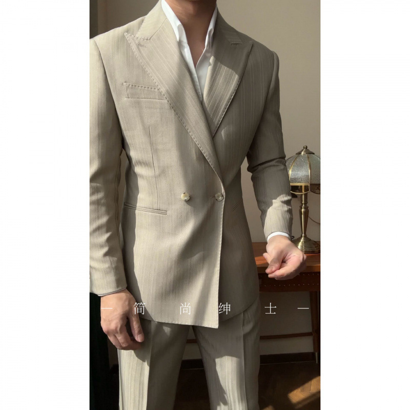 春夏季暗纹双排扣西服套装男士戗驳领藏青色商务休闲婚庆西装|undefined
