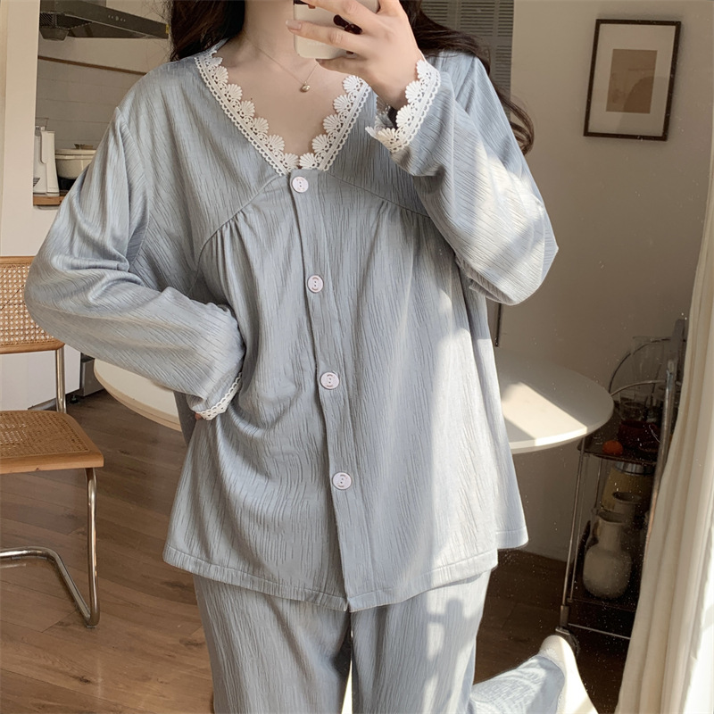 Al por mayor transfronterizo primavera y otoño nuevo con cojín de pecho encaje de bambú jacquard camiseta encaje ropa de casa pijamas mujeres