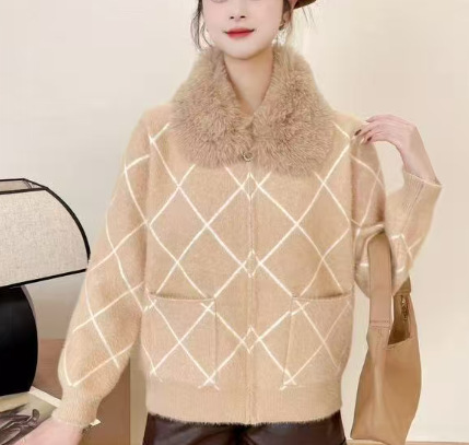 秋冬时尚撞色条纹棒球领拉链开衫毛衣女时尚通勤长袖针织衫外套|undefined