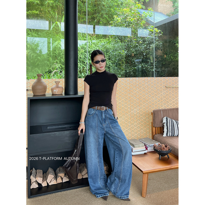 T-PLATFORM High-Waisted Stylish Patchwork Jeans for Women, 2026 Fall Collection, Blue-Toned Wide-Leg Banana Pants 58070