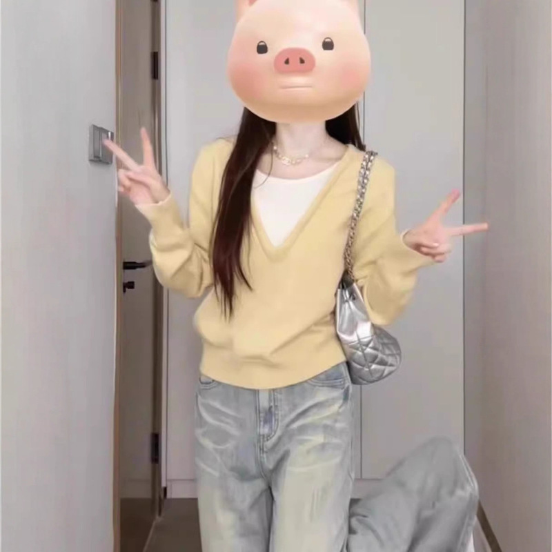 藏蓝假两件针织衫女秋冬季新款宽松高级慵懒风韩系毛衣长袖上衣|undefined