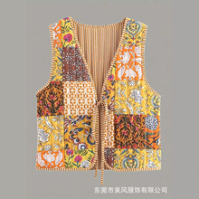 跨境女式新款 欧美时尚街头修身百搭 印花拼色系带棉大码马甲背心