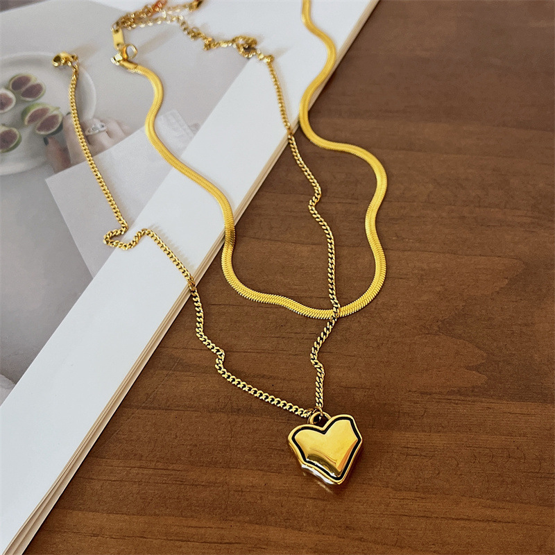 Fashion Heart Shape Titanium Steel Inlaid Gold Layered Necklaces 1 Piece