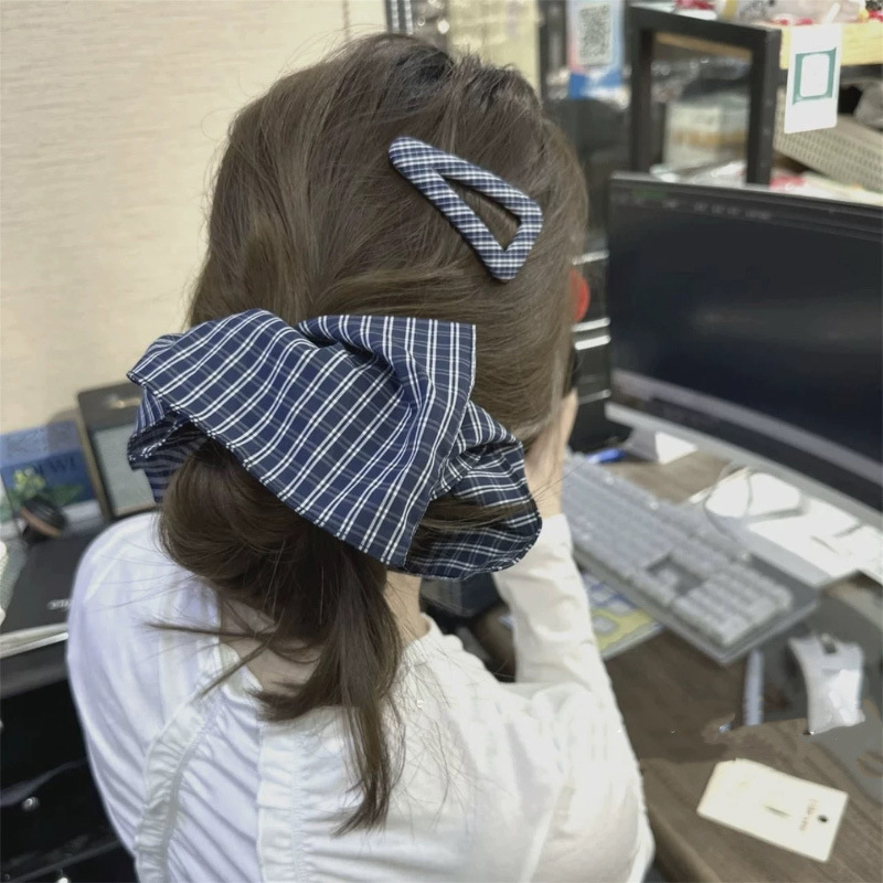 韓国ブルーチェック柄生地ヘアピン bb クリップスクエアタオルヘアリング多用途ボールヘッドポニーテールヘアロープヘアアクセサリー頭飾り|undefined