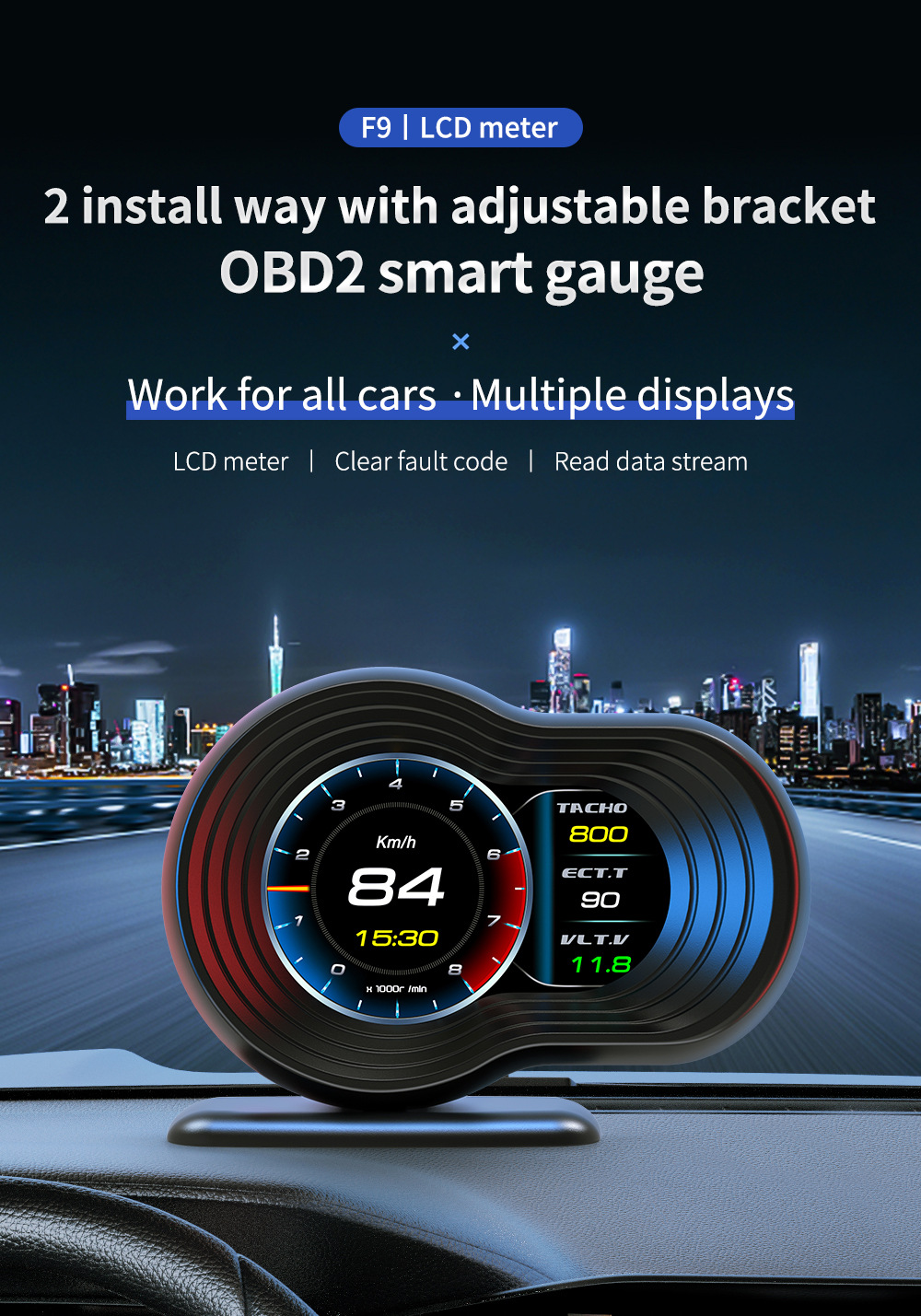 Cross-border HUD head-up display, car-modified LCD smart driving computer, multi-language high-definition vehicle display screen