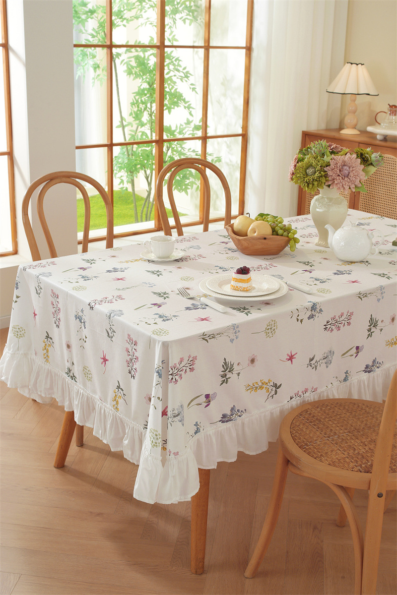 Cotton Printed Green Floral Tassel Tablecloth For Dining Table_voghion.com