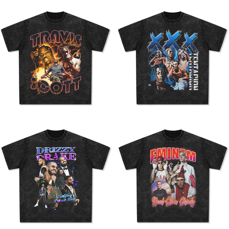 Kanye Bieber Eminem Drake American Hip-Hop Retro Washed Printed Short-Sleeved T-Shirt Tops