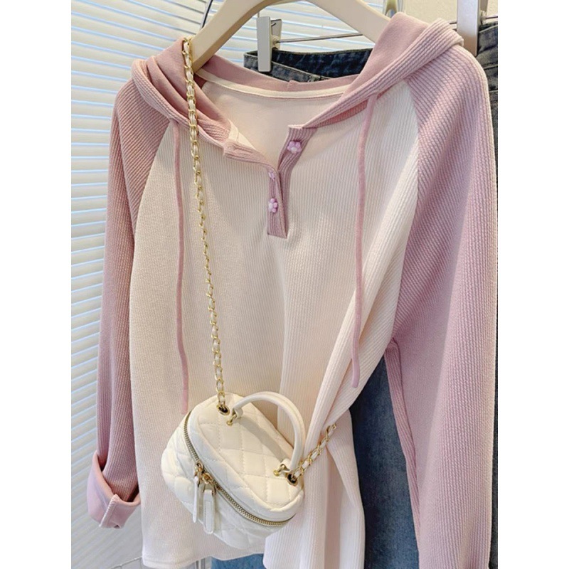 Flower Button Raglan Sleeve Contrast Color Loose Hooded Long-sleeved T-shirt Thin Sweatshirt Women's Western Style Age-reducing Top Autumn