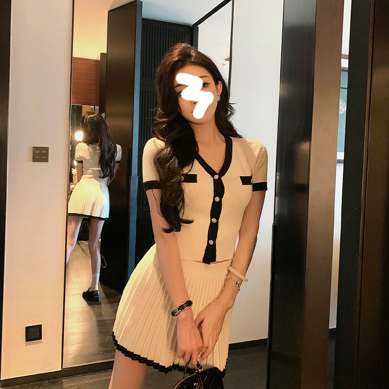 Твидовый стиль, контрастный вязаный кардиган с v-образным вырезом и короткими рукавами для женщин, летняя новая облегающая плиссированная юбка, утягивающий комплект из двух предметов