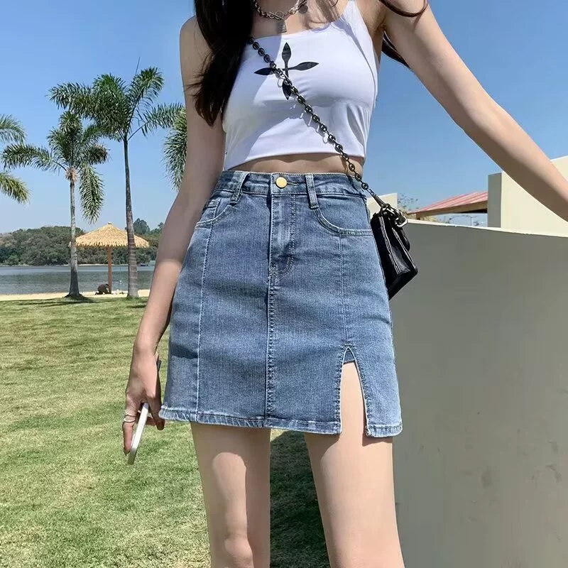 Джинсовая короткая юбка с разрезом, женские летние шорты больших размеров, юбка с высокой талией, утягивающая юбка, антиэкспозиционная юбка трапециевидной формы, полуюбка