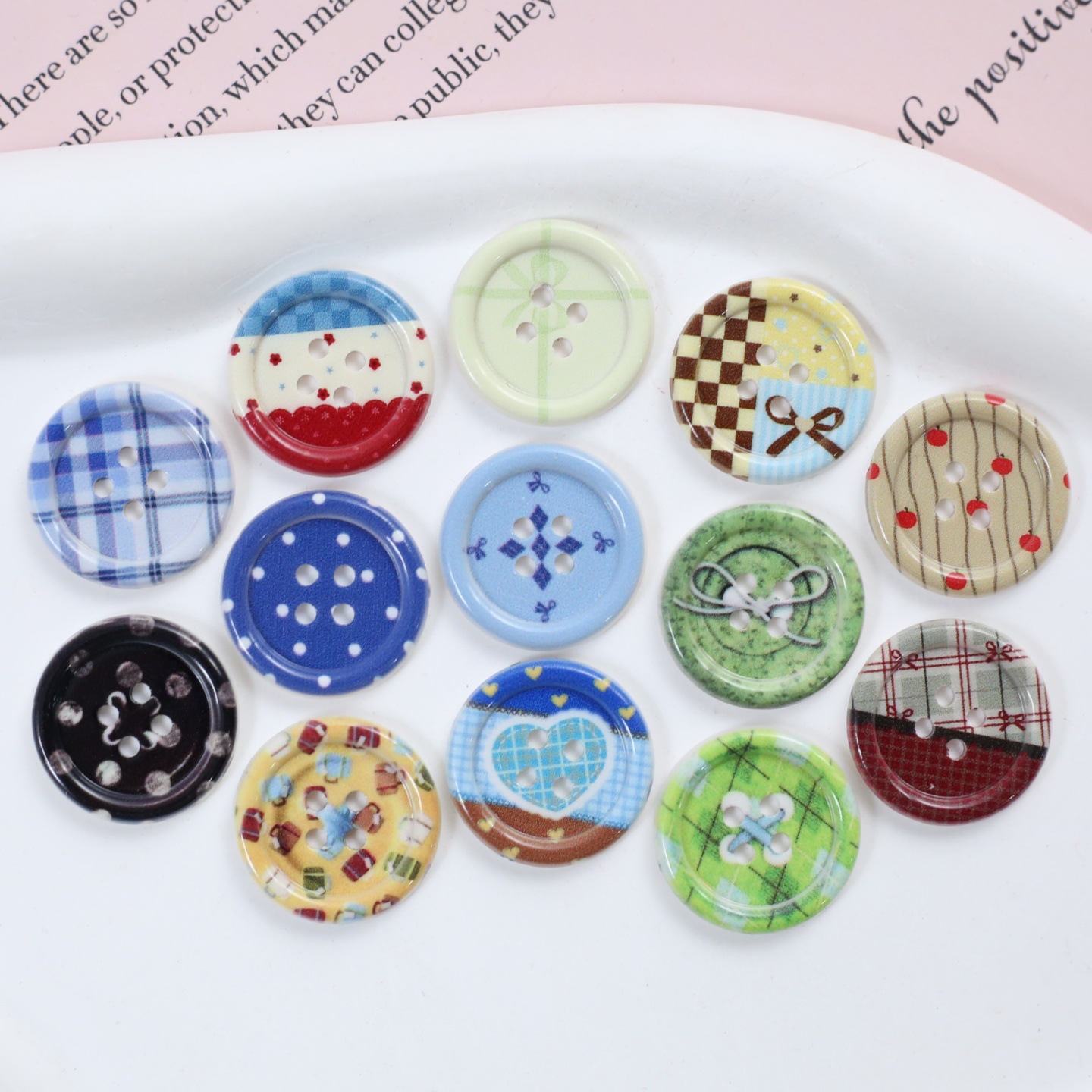 可爱印花蝴蝶结格子圆形饰品配件diy洞洞鞋手机壳贴片毛衣纽扣