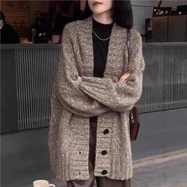 慵懒风灰色马海毛针织开衫女秋冬中长款宽松羊毛毛衣外套25新款