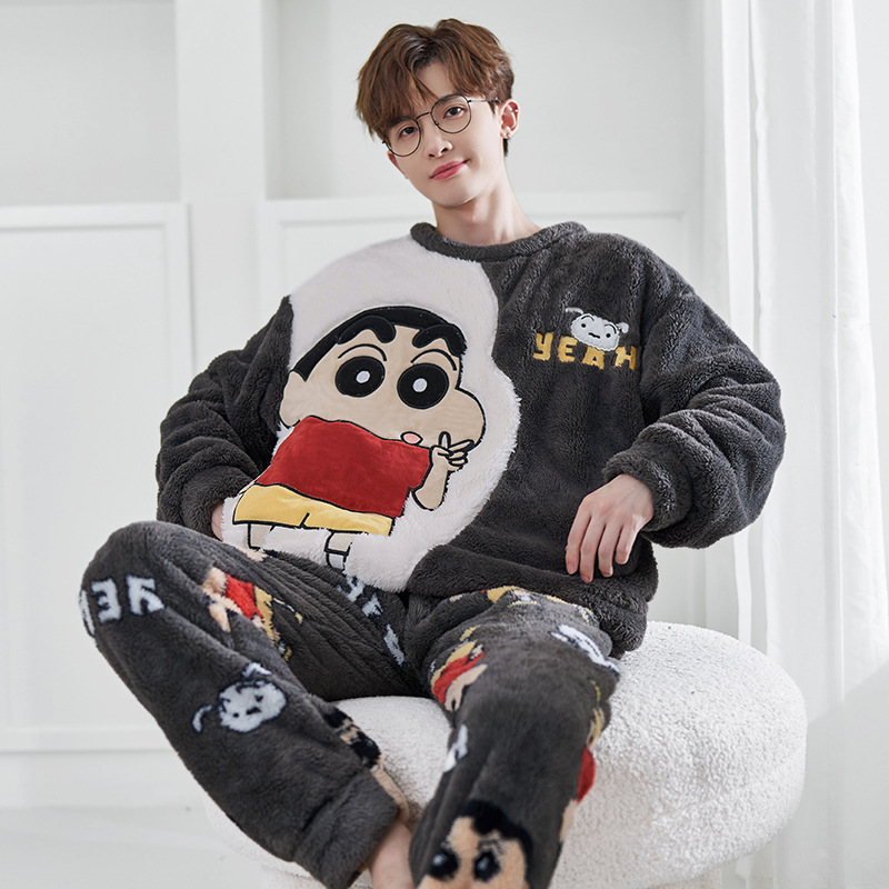 Pijamas de invierno de los hombres de coral de lana engrosada forrada de lana cálido desgaste del hogar traje de dibujos animados de franela Jersey de invierno de los hombres