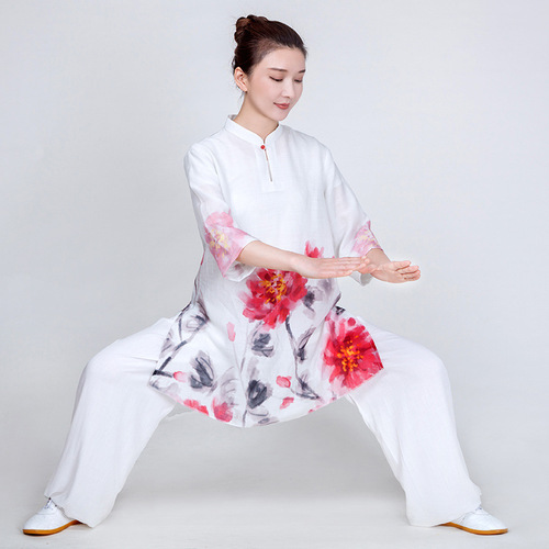 Red  flowers Tai Chi Clothing wushu tai ji quan Kung Fu uniforms For women elegant leisure cotton and linen ramie tai chi uniforms long summer clothing