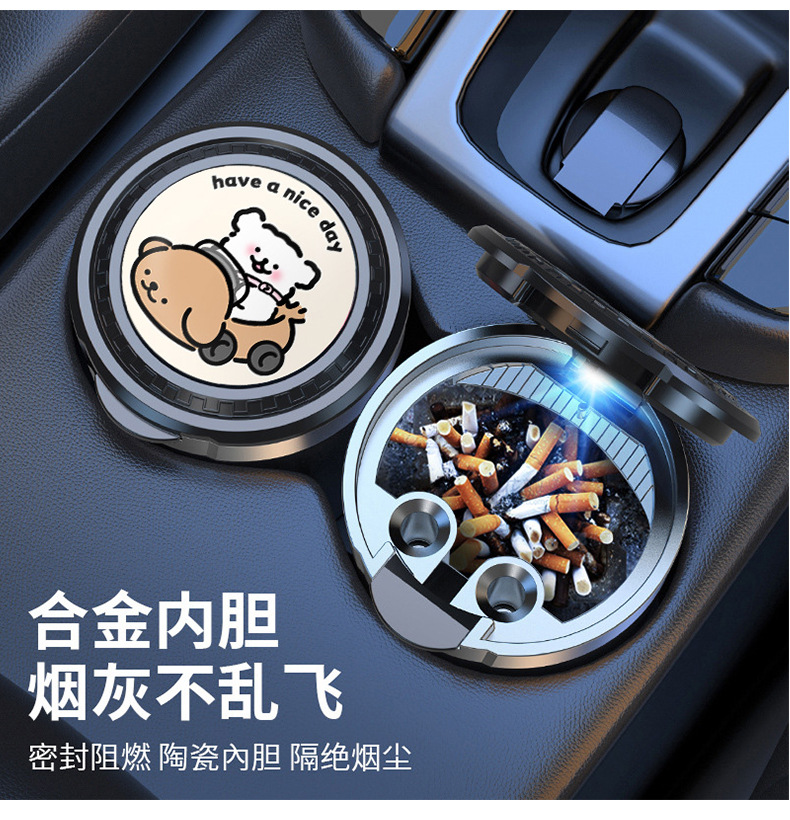Car-Mounted Creative Multifunctional Ashtray with Stainless Steel Inner Liner, Cat-Shaped Flip Cover, Automatic Lighting, Sealed, Flame-Retardant, and Dust-Proof