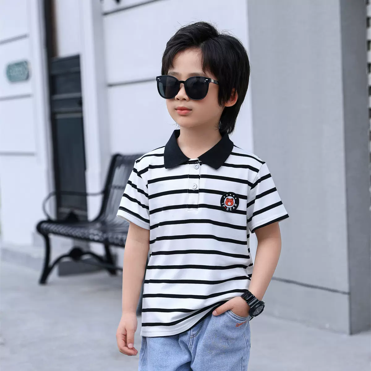 儿童条纹T恤夏季翻领POLO衫莫代尔圆领上衣帅气男童短袖打底衫