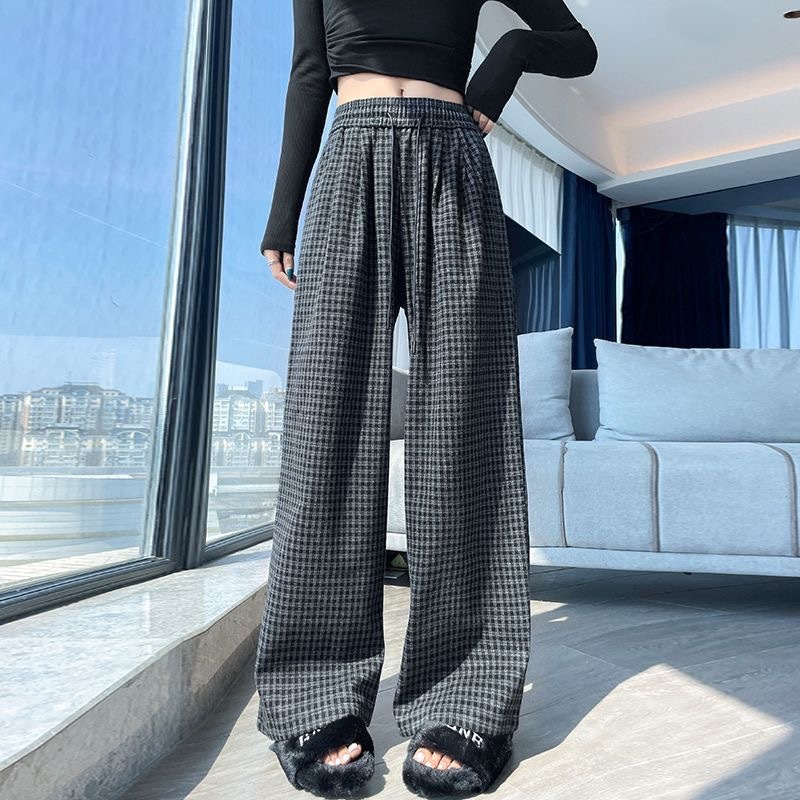 慵懒风毛呢格子阔腿裤女2025秋冬季垂感高腰显瘦休闲直筒拖地长裤|undefined