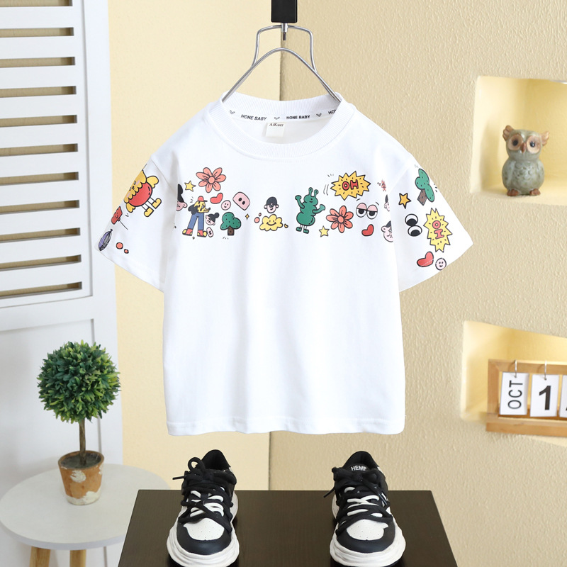 8166 Camiseta de dibujos animados de verano para niños de manga corta para niños 2025 Nuevo top de moda suéter de media manga para bebés 3