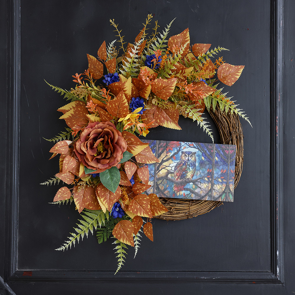 Guirnaldas de Halloween búho placa de madera simulación calabaza guirnaldas de arce puerta colgando guirnaldas de decoración de calabaza festival de cosecha