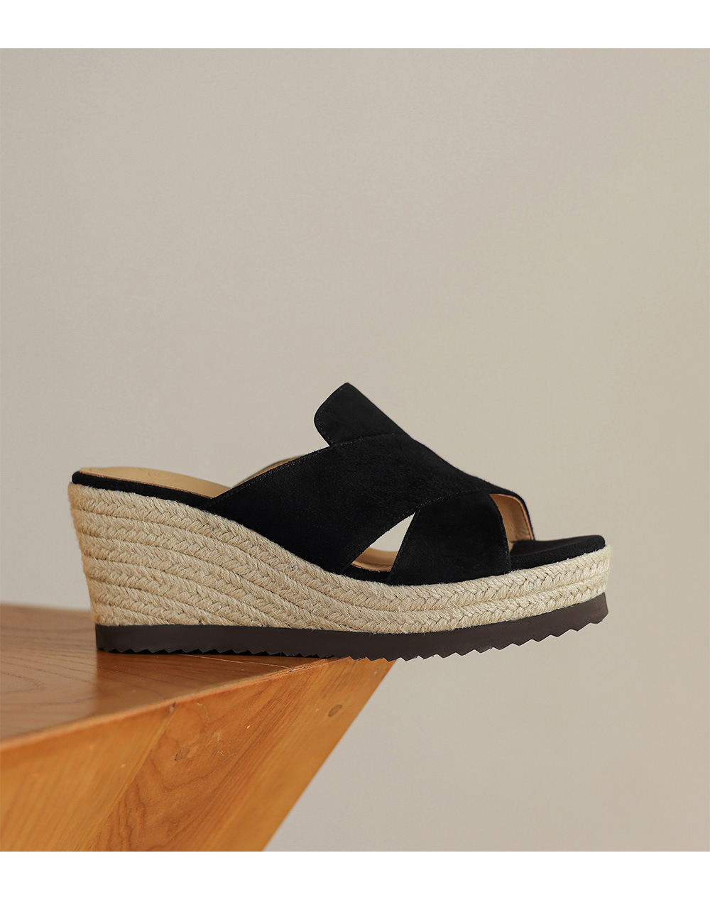 Dép sandal nữ quai ngang đế xuồng đan cói gót 7 cm — Màu đen chi tiết 22