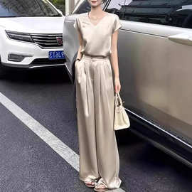 D2869现货醋酸缎面西装阔腿裤女2026高腰垂感直筒宽松