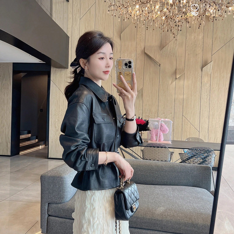 Áo khoác da nữ dáng ôm thắt eo cổ bẻ tay dài — đen