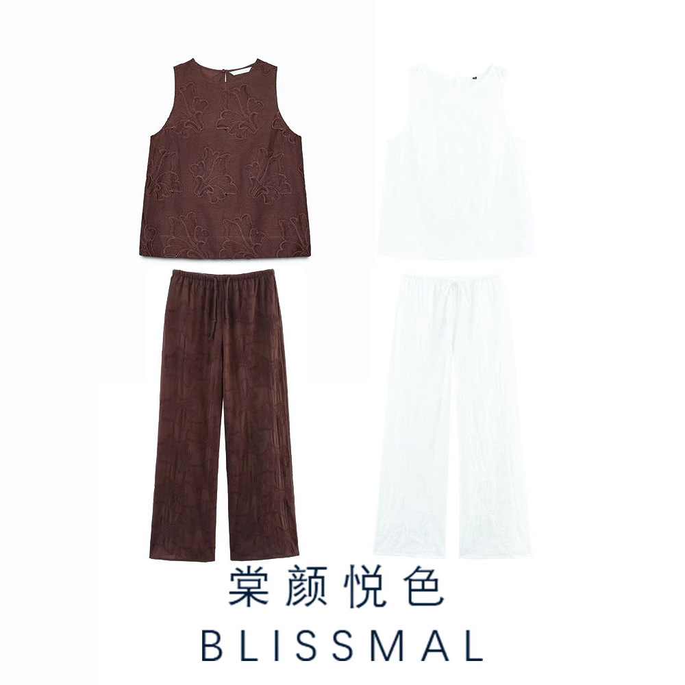 2025夏季新款 欧美风时尚 度假风重工刺绣镂空阔腿裤背心套装女装