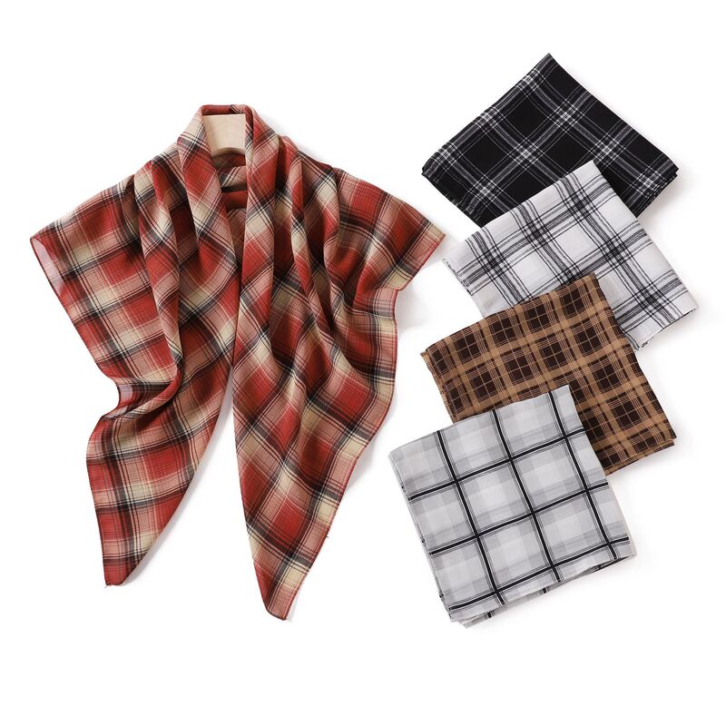 Forest Style Sweet Plaid Chiffon Square Scarf Gauze Scarf Turban Silk Scarf Plaid Printed Beach Towel Scarf Large Shawl for Women