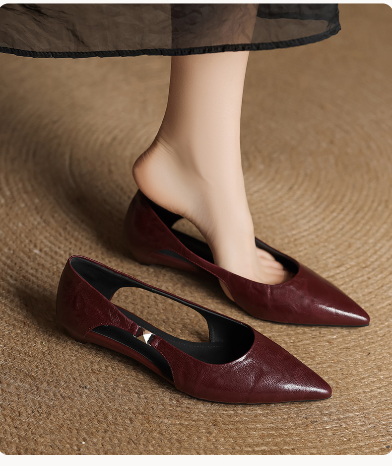 Sandal nữ da cừu mũi nhọn gót thấp hở mũi kiểu Hàn Quốc — đen chi tiết 8