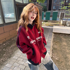 美式高街撞色三条杠运动立领卫衣外套女春秋宽松百搭开衫夹克上衣