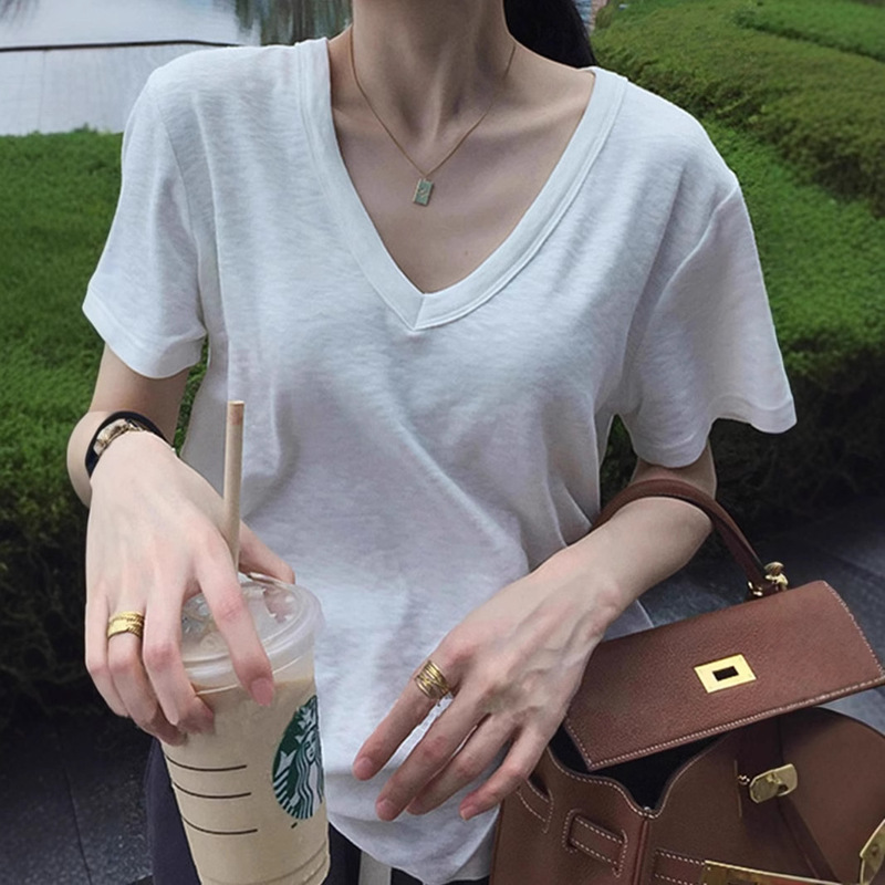 White Bamboo Cotton Regular Shoulder Short-Sleeve T-Shirt for Women, Versatile Short Top for Summer, V-Neck Casual Base Shirt, Loose Fit