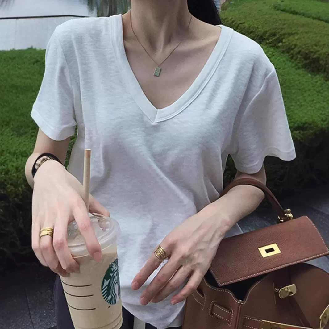 白色竹节棉正肩短袖t恤女夏季百搭冷淡系感短款上衣v领休闲打底衫
