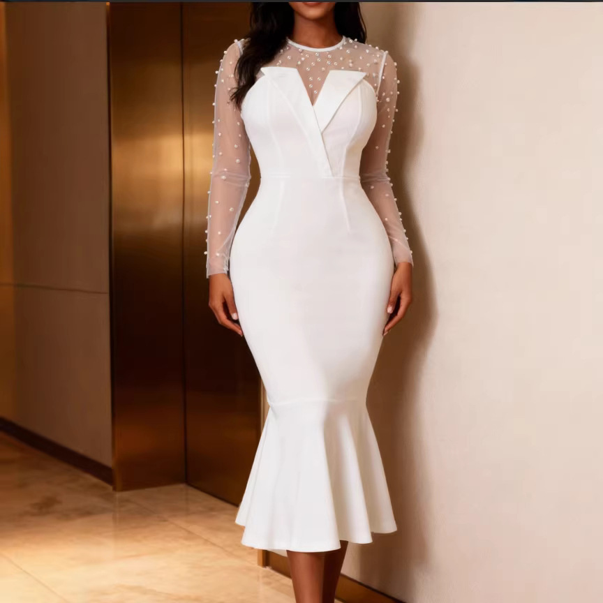 Elegant Mesh Beaded Long-Sleeved Fishtail Bridal Dress Slim Fit Sexy Party Dress Dress