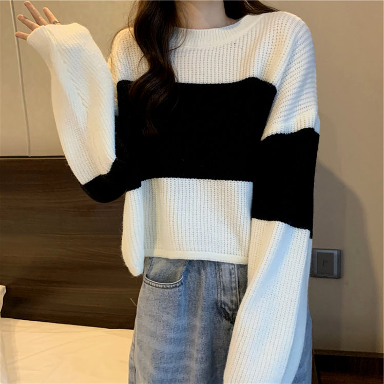 Suéter con estampado de cangrejo de cinco colores para mujer, nuevo estilo de primavera y otoño, jersey holgado, estilo retro informal, top corto a rayas para mujer.